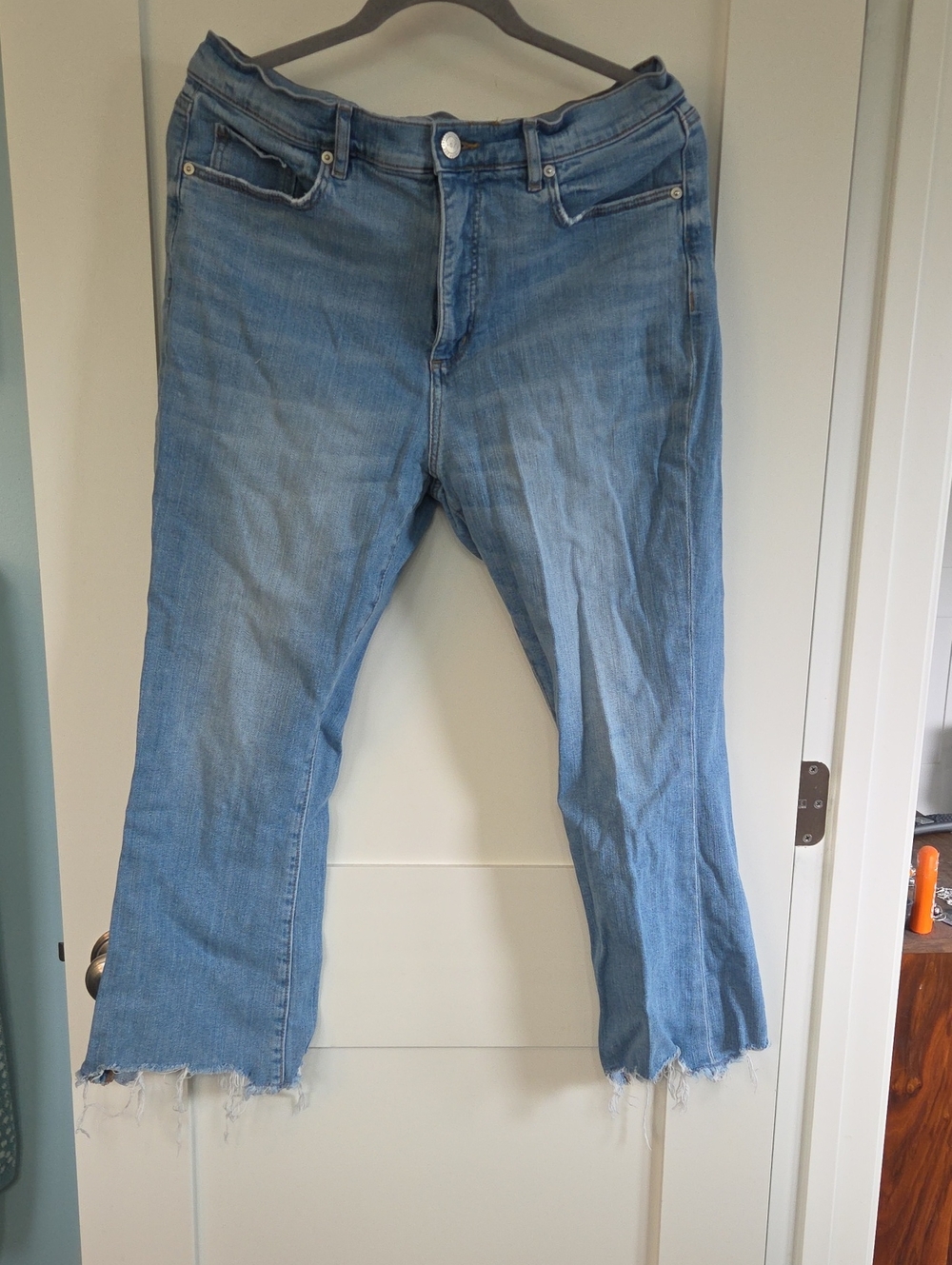 LOFT Light Blue Flare Jeans with Raw Hem